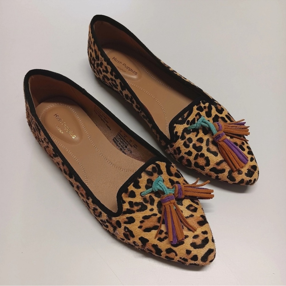 Hush Puppies Sadie Tassel Slip On Flats Leopard Calf Hair Size US 7 NWOT
